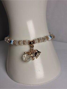 Gold Elephant Charm Evil Eye Beaded Bracelet in Clear and Blue New Without Tags